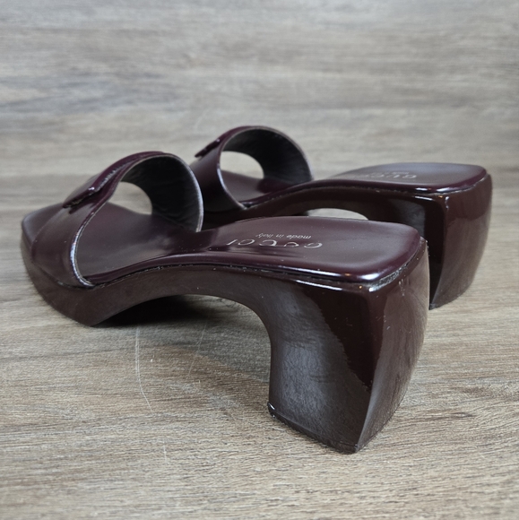 Authentic Gucci Plum Leather Wood Block Heel Slip On Slides Sandals Sz 37 US 6.5 - Picture 9 of 12